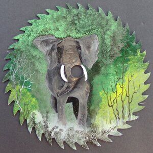 Elephant Saw Blade Hand Painted Signed African Safari 7'' Table Wall Hanging Art